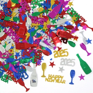 Confettis colorés 2025 Happy New Year avec étoiles et bouteilles pour fête