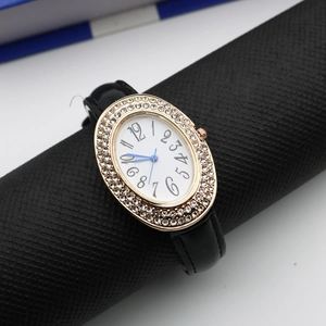 Macro shot of oval watch face with Roman numerals and double rows of crystals