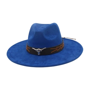Blue western cowboy fedora hat with brown leather band and silver bull head ornament
