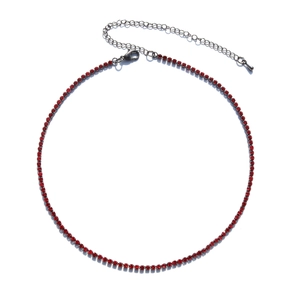 Close-up of red zircon necklace with gunmetal chain, lobster clasp and extension chain