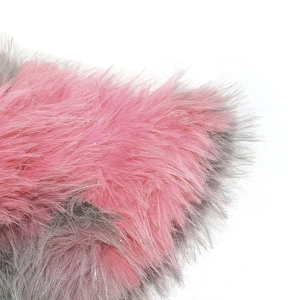 Macro shot of pink and gray mixed faux fur texture on a warm winter bucket hat