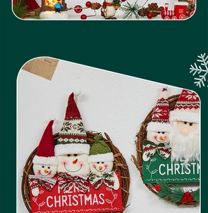 Detail of Christmas rattan wreath with plush snowman and Santa on white textured wall
