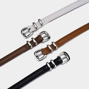Three-piece set of minimalist women's thin leather belts with elegant silver metal buckles