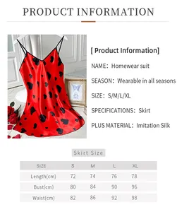Detailed size chart and measurement specifications for the heart print silk nightgown
