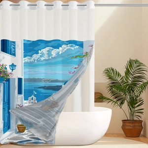 Detail of Santorini landscape printed on waffle fabric shower curtain with metal eyelets