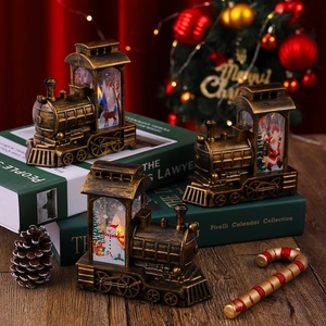 Lanterne de train de Noël rétro en bronze avec scènes de Père Noël, élan et bonhomme