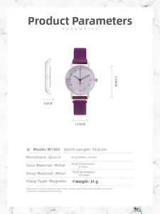Detailed size specifications and technical parameters for purple magnetic quartz watch