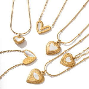 18k gold plated stainless steel heart pendant necklaces with shell inlay and love engraving
