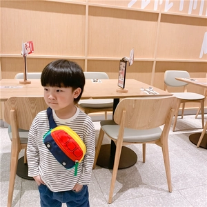 Close-up of a colorful cartoon bus-shaped kids crossbody bag with adjustable shoulder strap
