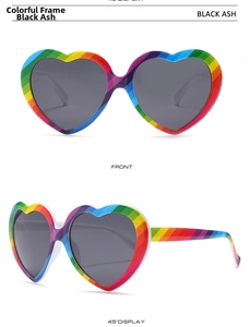 Front and 45-degree angle detail of heart-shaped rainbow striped frame sunglasses