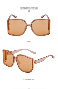 Front and 45-degree side views of champagne oversized sunglasses with square PC frames