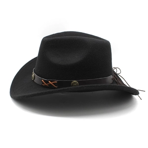 Detailed view of black felt cowboy hat with leather band and vintage metal studs