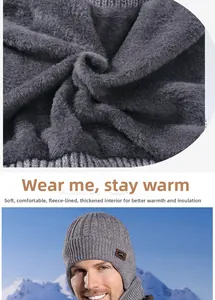 Macro detail of thick fleece lining and gray cable knit texture for winter hat set