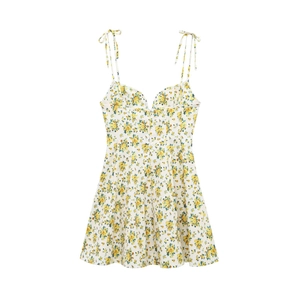 White floral A-line summer dress with yellow prints and bow tie shoulder straps