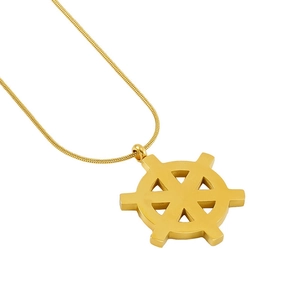 Detailed view of 18K gold plated ship wheel pendant with sleek snake chain necklace