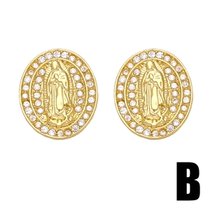 Vintage Virgin Mary gold oval stud earrings with zircon stones and hollowed pattern
