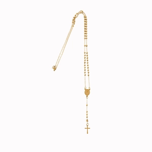 3mm gold stainless steel bead necklace with Virgin Mary medal and cross pendant on white
