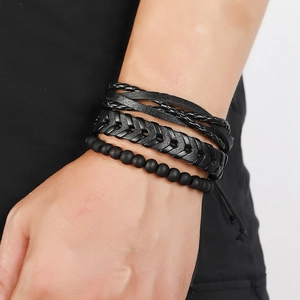 Multi-layer black braided leather bracelet set for men featuring beads and textures