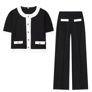 Tenue Élégante Style Tweed Pour Femmes Avec Cardigan À Manches Courtes Et Pantalon Large Taille Haute Garniture Contrastée