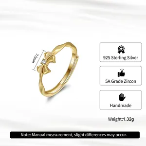 S925 sterling silver bow ring with 5A zircon inlay and adjustable golden band
