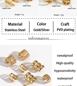 Detail view of gold and silver stainless steel ear cuffs with sizing and PVD plating specs