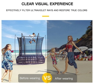 Vergelijking van zonnebrillenglazen met UV-bescherming en kleurherstel aan het strand
