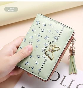 Close-up of light green floral wallet with gold butterfly and tassel zipper in hand