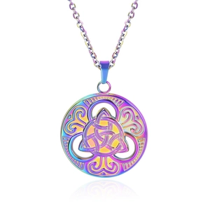 Macro shot of 18k plated rainbow gradient celtic witch knot pendant with hollow pattern