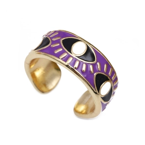 Minimalist evil eye open ring with purple enamel drip oil and golden eyelash details