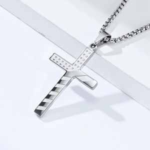 Retro stainless steel cross necklace with American flag stars and stripes on white steps
