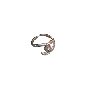 Irregular double-C open ring for women featuring sparkling white zircons in silver finish