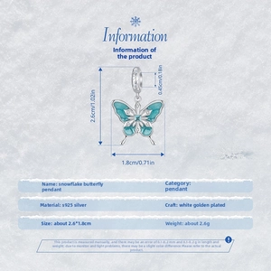 Detail view of snowflake butterfly pendant in S925 silver with blue finish and size specs