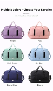 Detailed grid of large capacity travel bags in six vibrant colors for gym and weekend trips