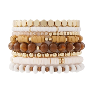 Multi-layer polymer clay bead bracelet set with gold hex beads and white marble accents
