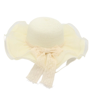 Elegant wide brim straw sun hat with lace bow and mesh trim for beach vacations