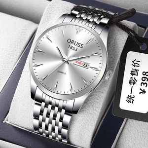 Detail of silver business watch dial showing double date window and steel strap texture