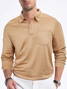 Detailed macro view of khaki breathable mesh knit polo shirt with classic chest pocket