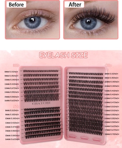 Detail showing 30D 40D 50D DIY lash extension kit with before and after comparison results