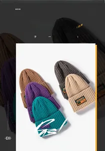 Detailed view of ribbed knit beanies in multiple colors with authentic label patches