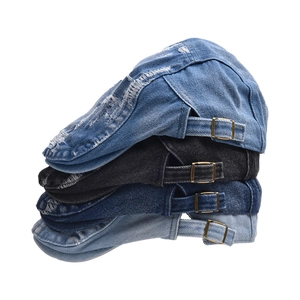 Distressed denim beret collection in four colors with vintage ripped details and metal buckle