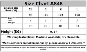 Size chart for lace mini dress showing measurements for XS to L and washing instructions