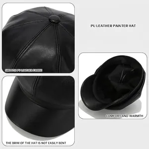 Women's black PU leather octagonal painter hat with vintage design for autumn and winter