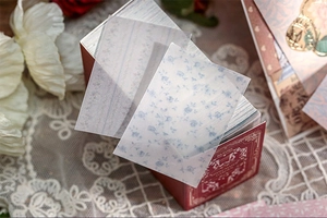 Detail of vintage floral scrapbooking paper with lace accents and decorative box