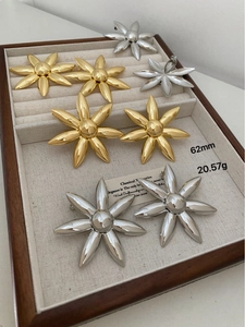 Detailed view of 62mm large metallic flower earrings in polished gold and silver finishes