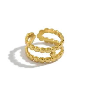 Anello in argento sterling S925 a doppio strato con perline dorate e design aperto regolabile