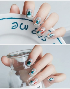 Artistic 5D nail stickers featuring Morandi grey base with abstract hand-painted lines