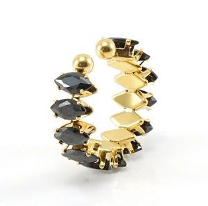 Anillo abierto de acero inoxidable con circonita negra bañado en oro 18K joyería