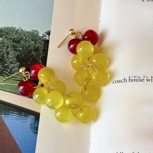 Détail des boucles d'oreilles grappes de raisin en résine dorée sur un livre
