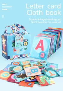Detail of 26 alphabet cloth cards with animal illustrations and blue carrying storage bag