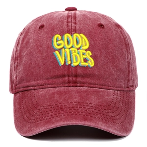Vintage washed maroon cotton baseball cap with GOOD VIBES 3D embroidery on front